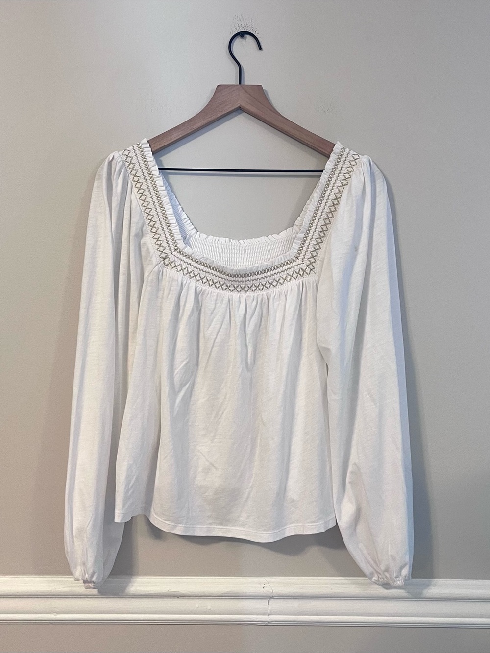 Boden Women’s Square-Neck Peasant Long Sleeve Blouse Size 8 White Balloon Sleeve